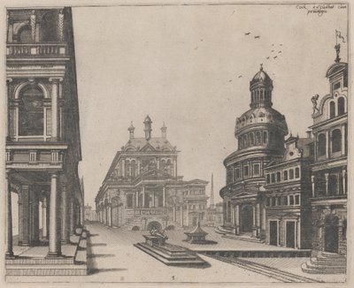 Angolo di un palazzo con colonnato e edificio circolare da Lucas van Doetechum and Johannes