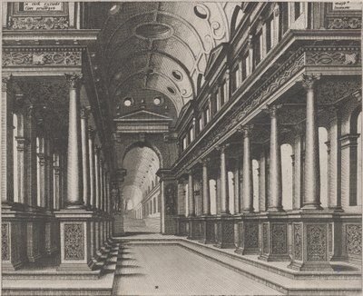 Interno di una chiesa con una statua sullo sfondo da Lucas van Doetechum and Johannes