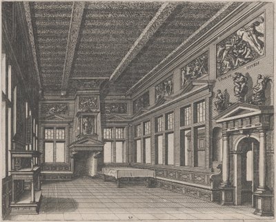 Interno con buffet, camino e dipinti religiosi da Lucas van Doetechum and Johannes