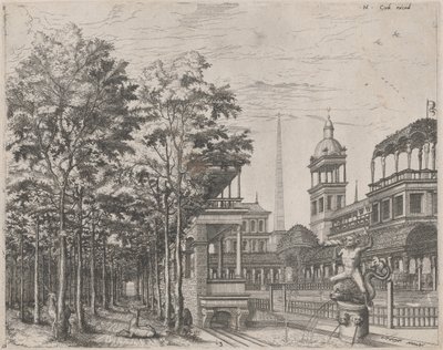 Paesaggio con alberi, due cervi e un cortile di palazzo da Lucas van Doetechum and Johannes