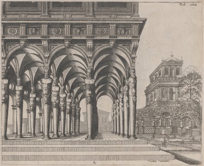 Loggia con termini di satiro e un giardino da Lucas van Doetechum and Johannes