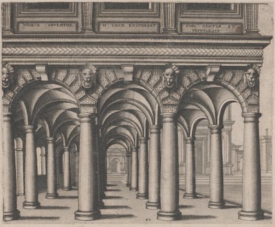 Sala aperta sostenuta da colonne toscane con una piazza sulla destra da Lucas van Doetechum and Johannes