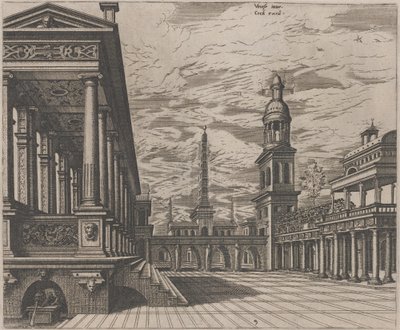 Piazza della città con colonnato a sinistra da Lucas van Doetechum and Johannes