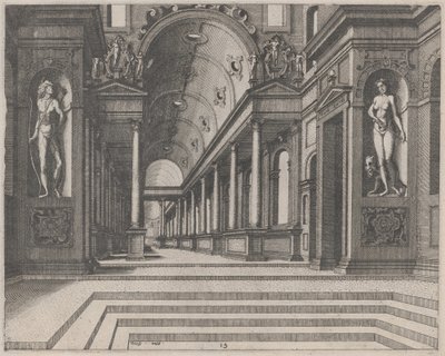 Veduta di una chiesa con colonne corinzie e statue di Apollo, Melpomene e Mosè da Lucas van Doetechum and Johannes