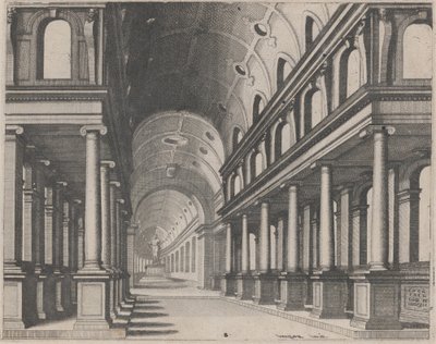 Vista in una chiesa con colonne ioniche e un coro con una statua da Lucas van Doetechum and Johannes