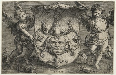 Uno scudo con una maschera sostenuta da due geni, 1527 da Lucas van Leyden