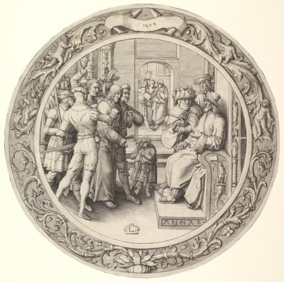 Cristo davanti ad Anna, dalla Passione Circolare da Lucas van Leyden