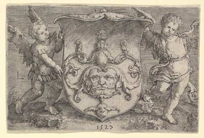 Stemma con una maschera, tenuto da due geni da Lucas van Leyden