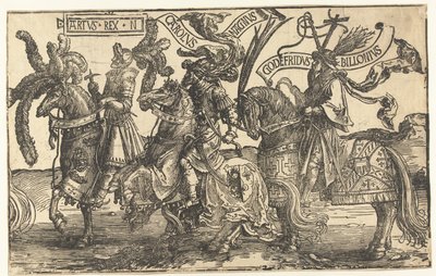 Gli eroi Re Artù, Carlo Magno e Goffredo di Buglione da Lucas van Leyden