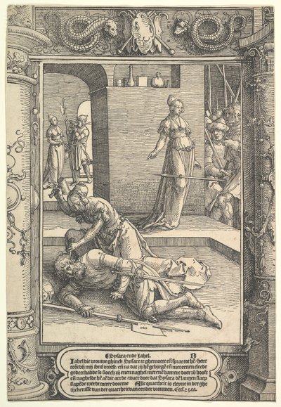 Jael uccide Sisera, cornice ornamentale da Lucas van Leyden