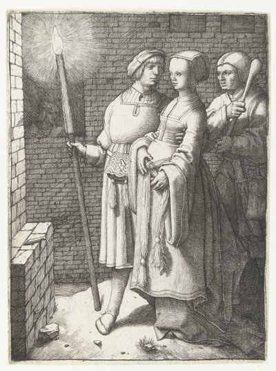Giovane con una torcia, una donna e un giullare da Lucas van Leyden