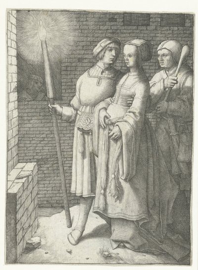 Giovane con una torcia, una donna e un giullare da Lucas van Leyden