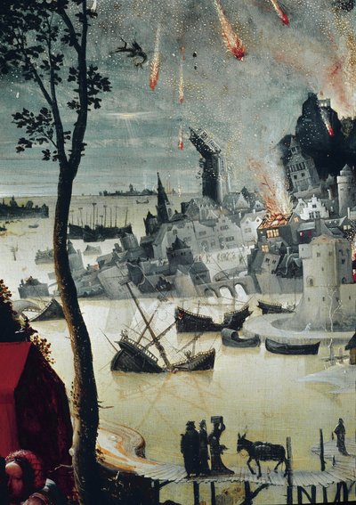 Lot e le sue figlie, dettaglio della distruzione di Sodoma da Lucas van Leyden