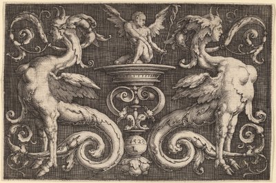 Ornamento con due sfingi e un uomo alato da Lucas van Leyden