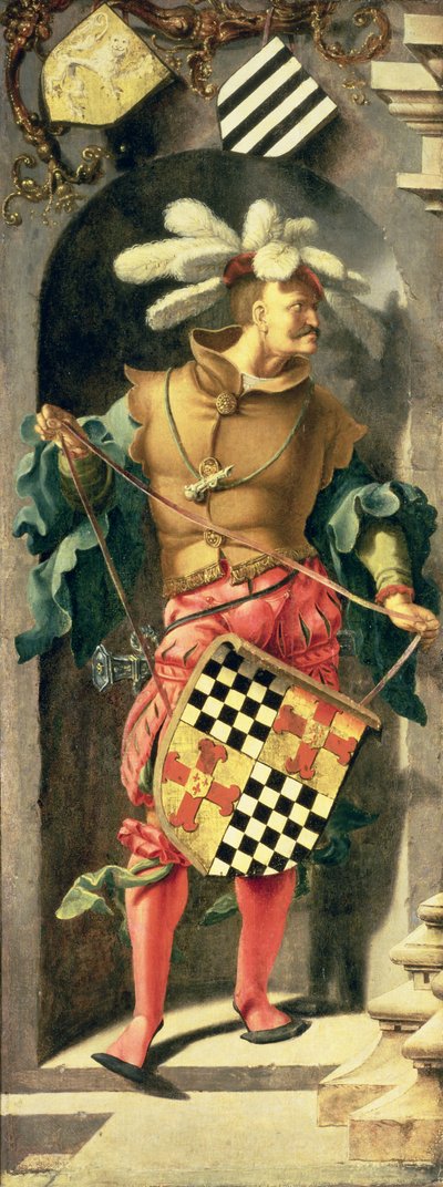 La guarigione del cieco di Gerico, pannello laterale sinistro del trittico con guerriero con lo stemma del patrono, 1531 da Lucas van Leyden