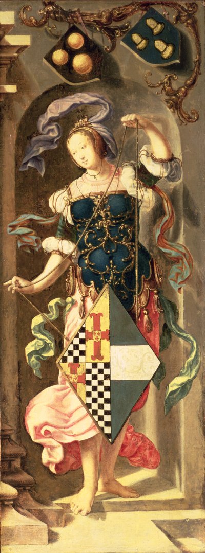 La guarigione del cieco di Gerico, pannello laterale destro del trittico che mostra una giovane ragazza con lo stemma del patrono, 1531 da Lucas van Leyden