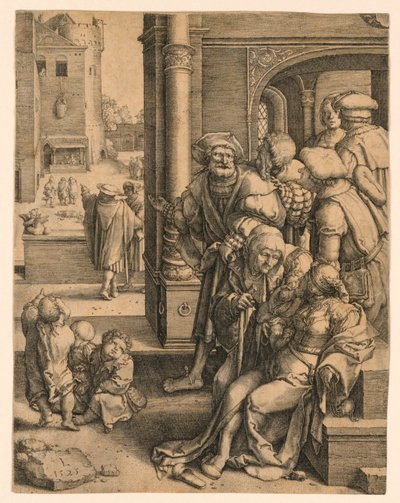 Il poeta Virgilio sospeso in un cesto da Lucas van Leyden