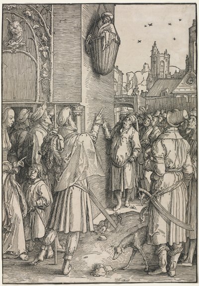 Il potere delle donne: Il poeta Virgilio sospeso in un cesto da Lucas van Leyden