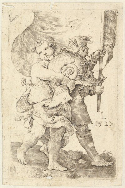 Due ragazzi con un elmo e uno stendardo da Lucas van Leyden