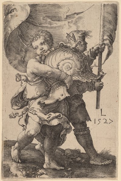 Due ragazzi con un elmo e uno stendardo da Lucas van Leyden