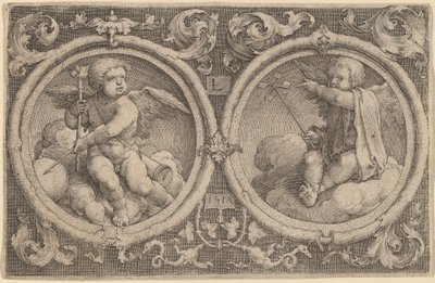 Due Cupidi Seduti su Nuvole in Due Cerchi da Lucas van Leyden