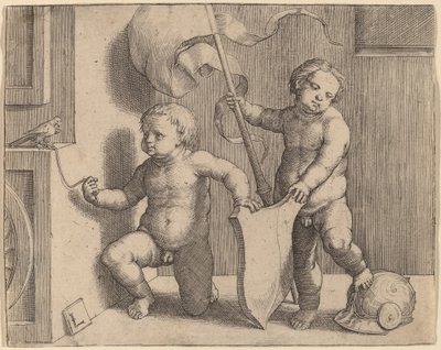Due bambini nudi che sostengono uno scudo vuoto da Lucas van Leyden