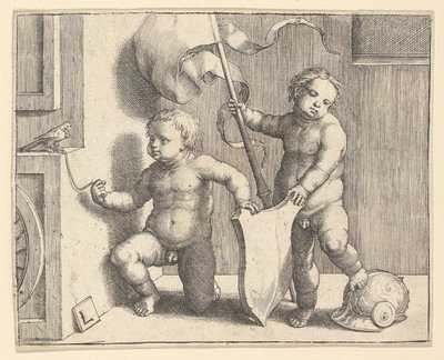 Due bambini nudi che sostengono uno scudo vuoto da Lucas van Leyden