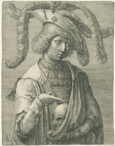 Giovane uomo con teschio da Lucas van Leyden