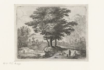Tre alberi, un pastore con pecore e un cane da Lucas van Uden