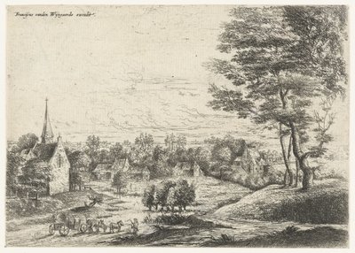 Veduta di un villaggio con una carrozza coperta da Lucas van Uden