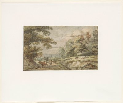 Paesaggio collinare con gregge di pecore e mucche da Lucas van Uden
