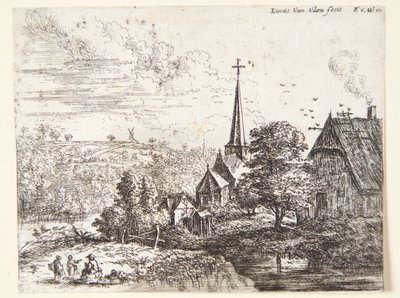 Villaggio vicino a un fiume, in primo piano tre figure da Lucas van Uden