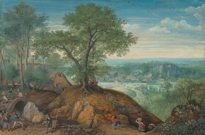 Paesaggio esteso con soldati che saccheggiano da Lucas van Valckenborch