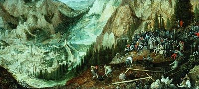 Paesaggio con Gerusalemme, Cristo che porta la croce e preparativi sulla collina del Calvario da Lucas van Valckenborch