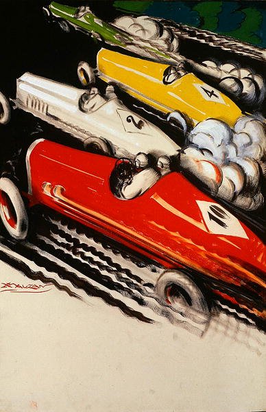 Corsa automobilistica (litografia a colori) da Luciano Achille Mauzan