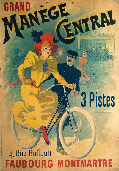 Grand Manege Central, poster pubblicitario per pista ciclabile che raffigura una donna in bicicletta da Lucien Baylac