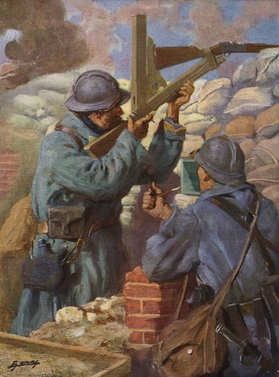 Soldato francese che usa un fucile da cecchino appositamente adattato con periscopio nelle trincee, Prima Guerra Mondiale da Lucien Hector Jonas
