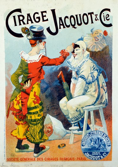 Pubblicità per il lucido Jacquot. Due clown che si truccano con il lucido. Disegno di Lucien Lefevre (1850-?). 1894 Parigi. Arti Decorative - Pubblicità per il lucido Jacquot: Due clown che si truccano con il lucido per scarpe, di Lucien Lefevre da Lucien Lefevre