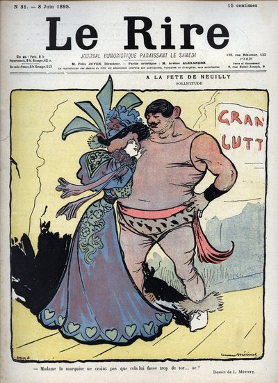 Alla festa di Neuilly: cura - una donna vestita elegantemente parla con un lottatore disegnato da Lucien Marie Francois Metivet - il riso dell