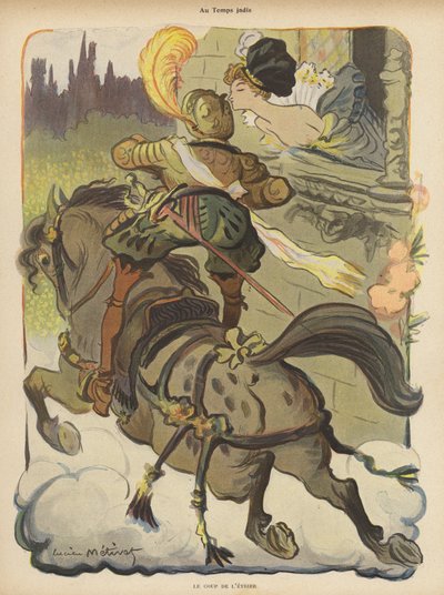 Cavaliere in piedi sulle staffe per ricevere un bacio da una signora mentre passa a cavallo da Lucien Metivet