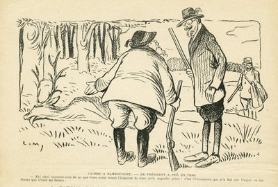 Illustrazione in Le Rire, 05/12/08 - Caccia a Rambouillet - Natura Vegetazione, Caccia cacciatore, Presidente della Repubblica, Rambouillet - Clemenceau Georges, Fallieres Armand (1841-1931), Cervo da Lucien Metivet