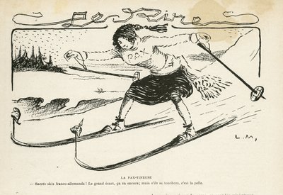 Illustrazione in Le Rire, 24/02/12 - La pax-tineuse - Germania Prussia, Sport, Pace, Sci, Neve, Relazioni franco-tedesche, Prima Guerra Mondiale - Marianne - Sport, Allegoria (incisione) da Lucien Metivet