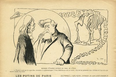 Illustrazione in Le Rire, 27/06/08 - Disprezzo per il Capo di Stato - Presidente della Repubblica, Dinosauro, Paleontologia - Fallieres Armand, Dinosauro, Diplodocus da Lucien Metivet
