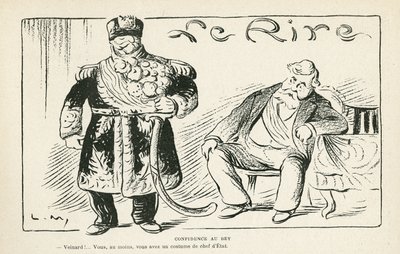 Illustrazione in Le Rire, 27/07/12 - Confidenza al bey - Colonizzazione - Fallieres Armand, Naceur Bey da Lucien Metivet