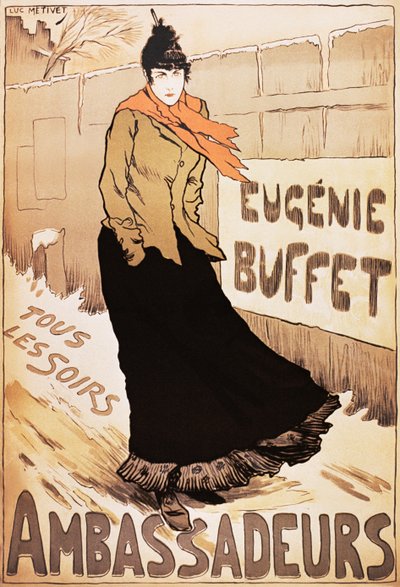 Poster vintage della cantante francese Eugenie Buffet che cammina nella neve da Lucien Metivet