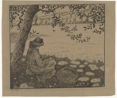 Ragazza sotto un albero in un prato da Lucien Pissarro