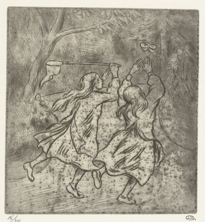 Due ragazze che catturano farfalle da Lucien Pissarro