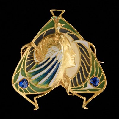 Spilla-pendente, c.1900 (oro e smalto plique-à-jour con zaffiri) da Lucien or Léopold Gautrait
