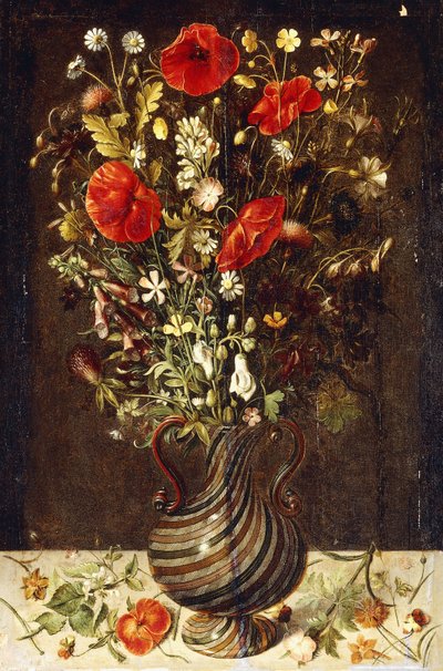 Papaveri, Ranuncoli, Margherite, Fiordalisi, Cardo e altri Fiori Selvatici in un Vaso di Vetro Filo di Venezia, con Viole del Pensiero, un Papavero e un