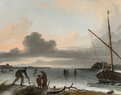 Paesaggio invernale con slitte, pattinatori e golfisti su un lago ghiacciato da Ludolf Backhuysen